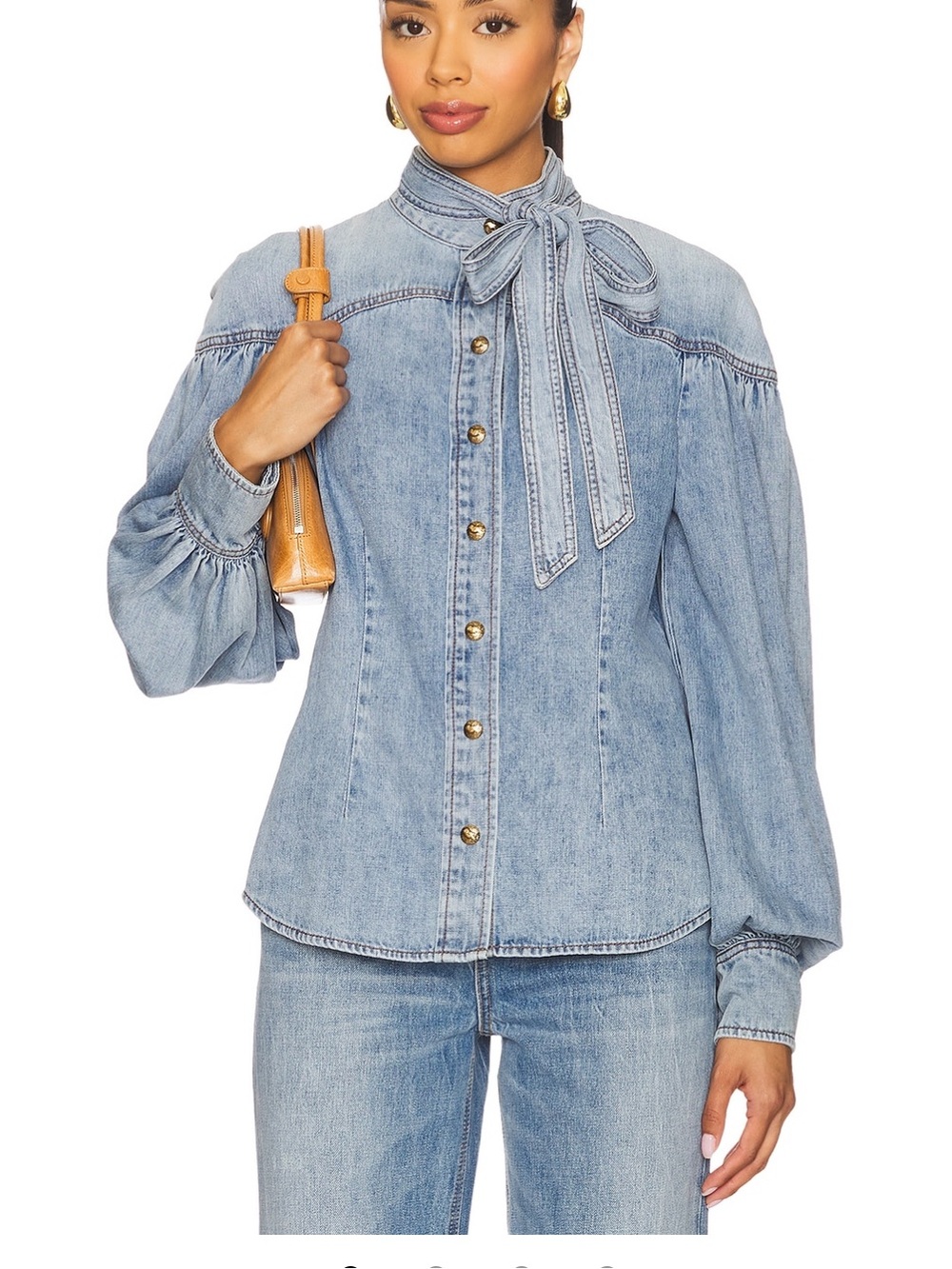 Zimmermann Blue Denim Puff-Sleeve Tie-Neck Blouse - Picture 4 of 4